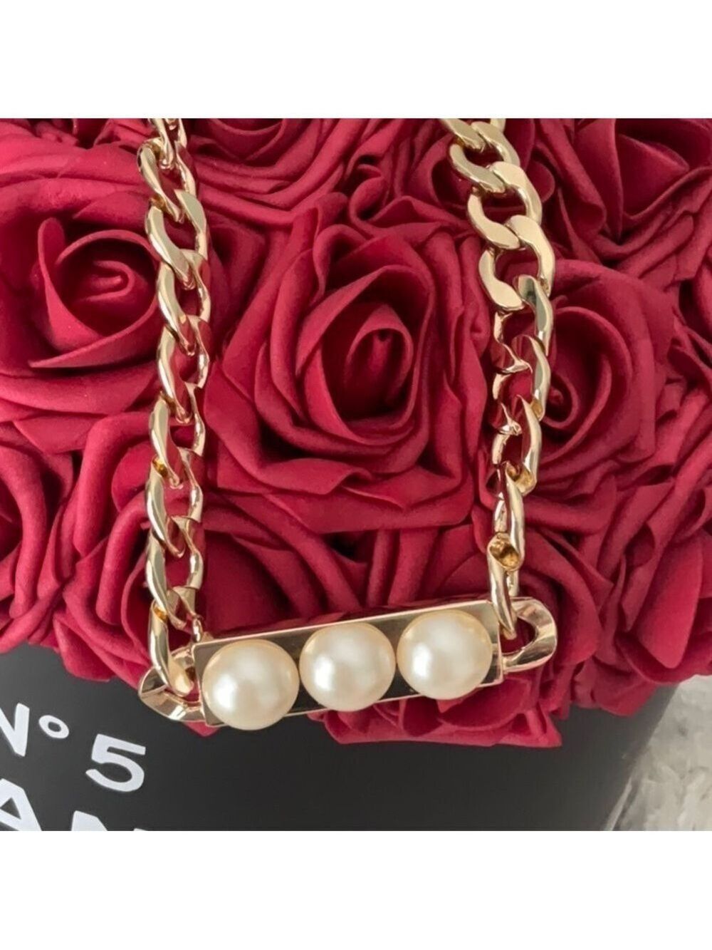 Gold Tone Pearl Bar Necklace Large Link